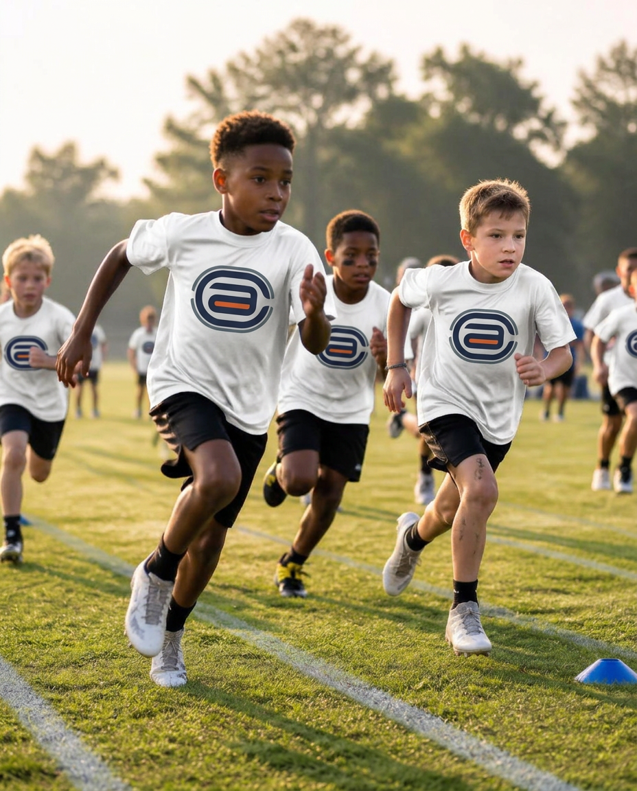 Kids sprinting across a chalk-lined field at a CORE Athletics camp